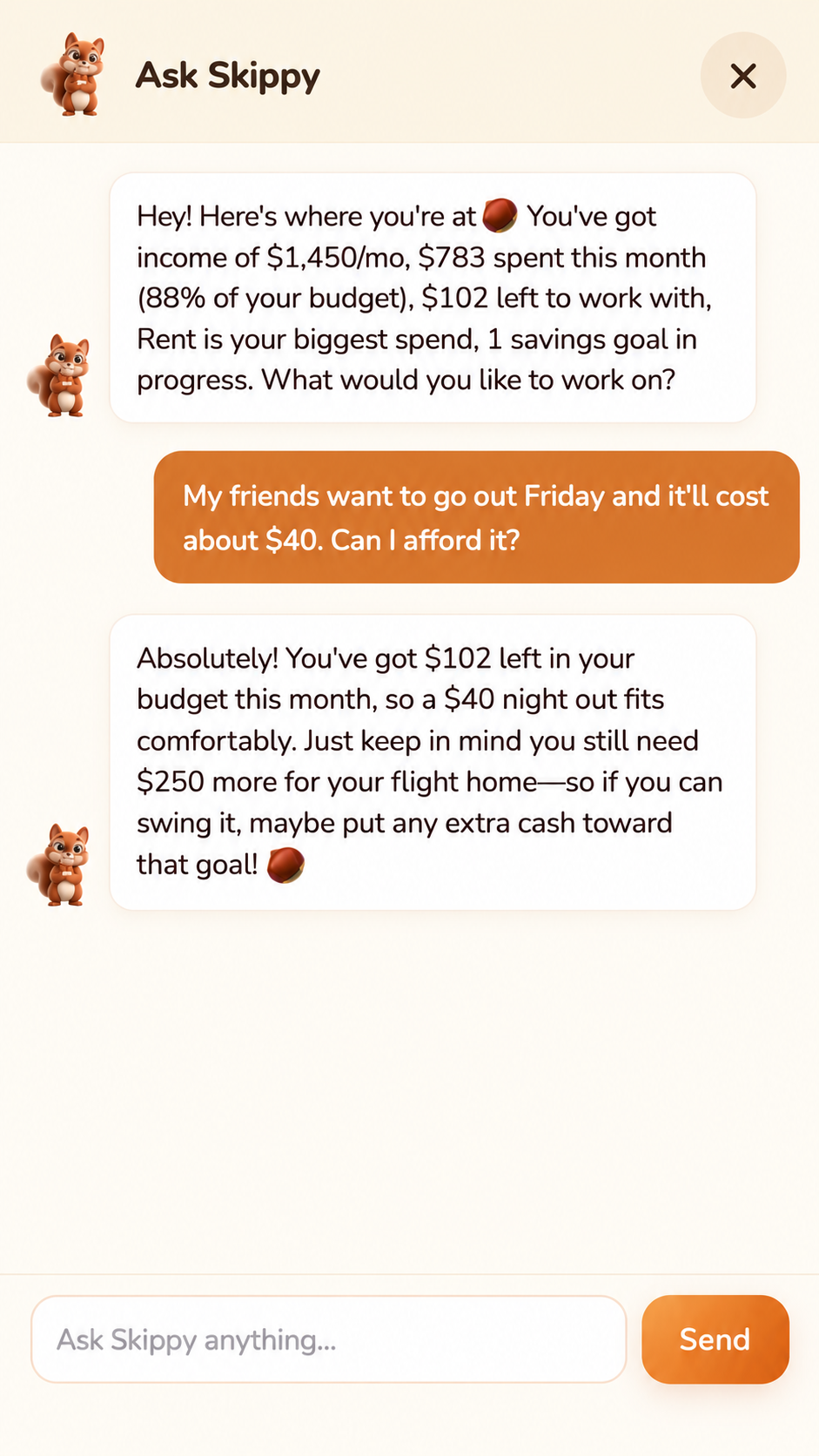 Ask Skippy chat showing a conversation about weekend spending with personalized AI advice