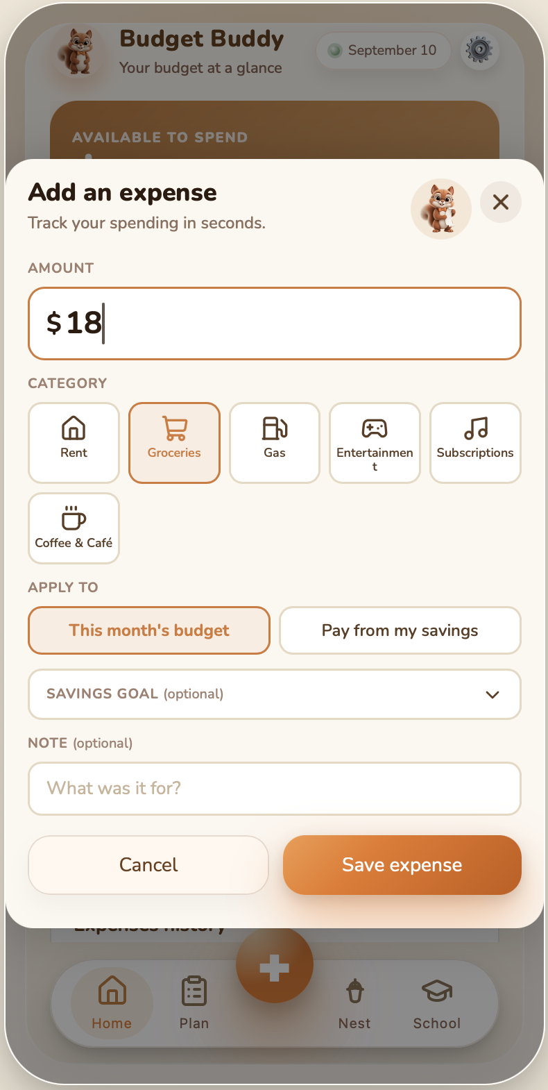 Add an expense sheet with category tiles, amount input, and savings goal selector