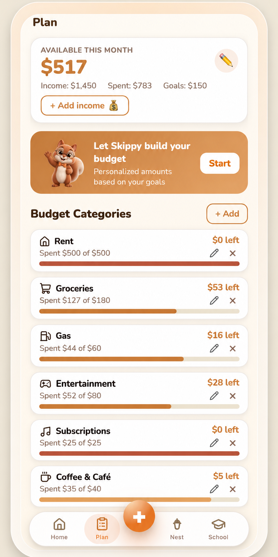 Plan screen showing budget categories with spent and remaining amounts for Rent, Groceries, Gas, Entertainment, and more